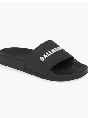 Balenciaga Black Slides with White Logo Strap